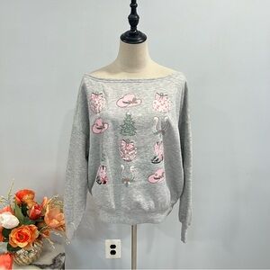 Vinyl icons Light Grey Wide Neck Sweater With Feminine Pink Cowgirl Prints